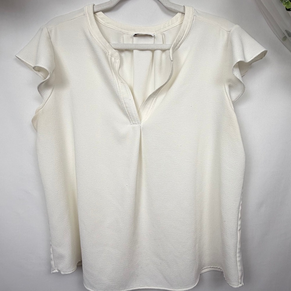 Calvin Klein Ivory Flutter Sleeve Split V-Neck Blouse Off White Crepe Top